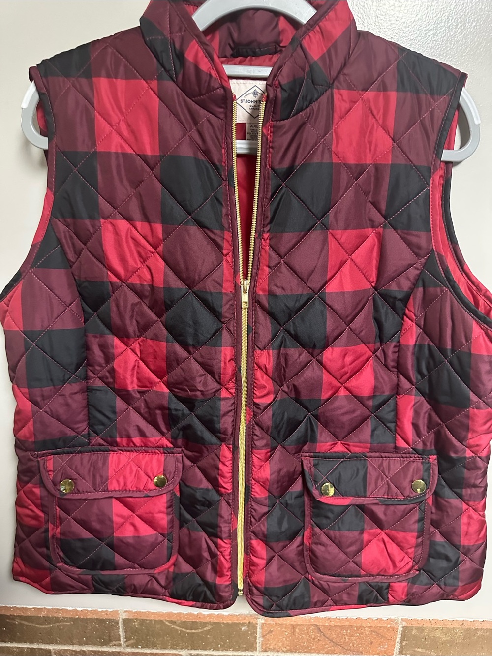 St. John's Bay Red and Black Quilted Buffalo Check Vest